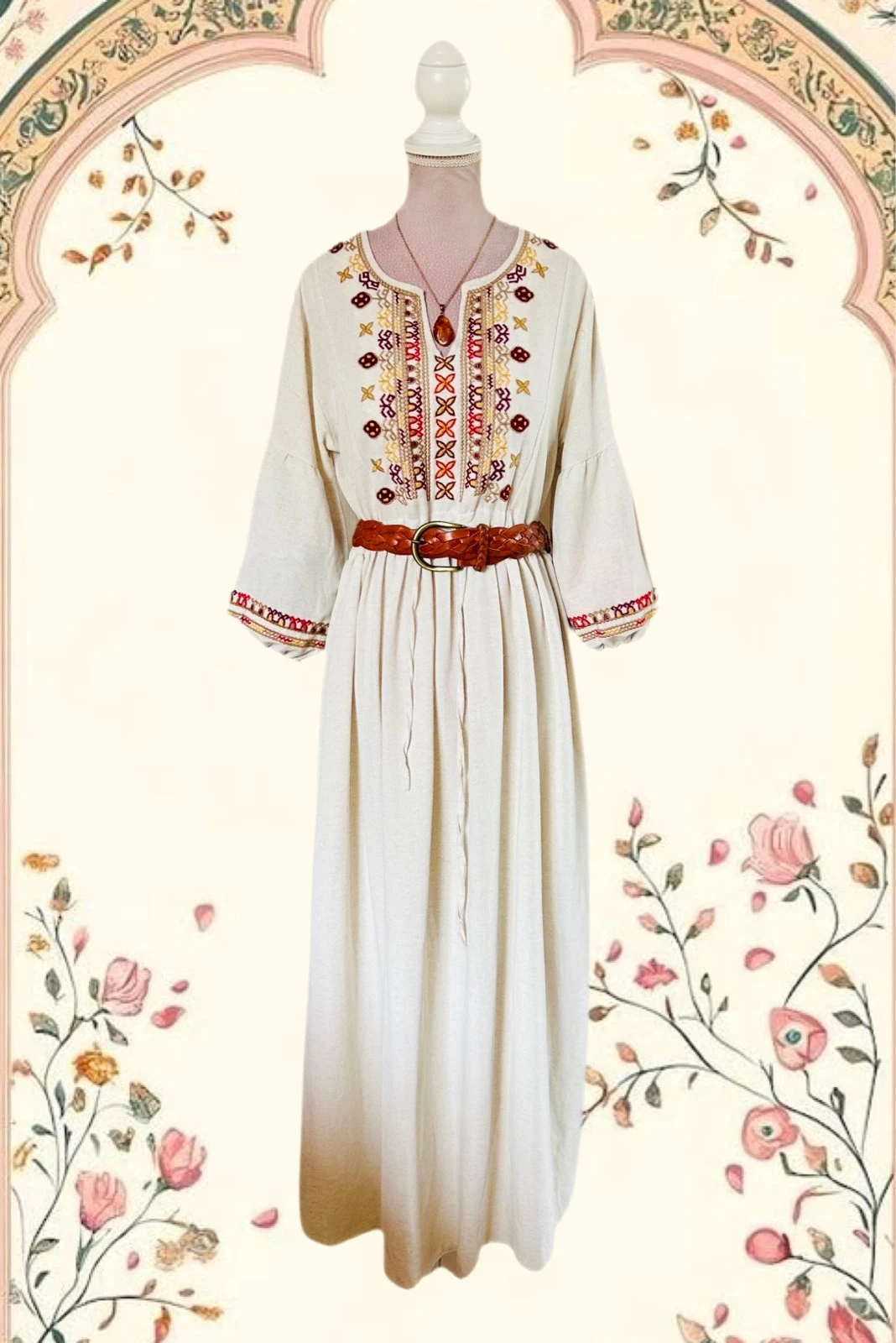 🧿🌿Robe Bohème Folk Brodée d’Istanbul • Turkish Embroidered Maxi Dress S/36🌿🧿